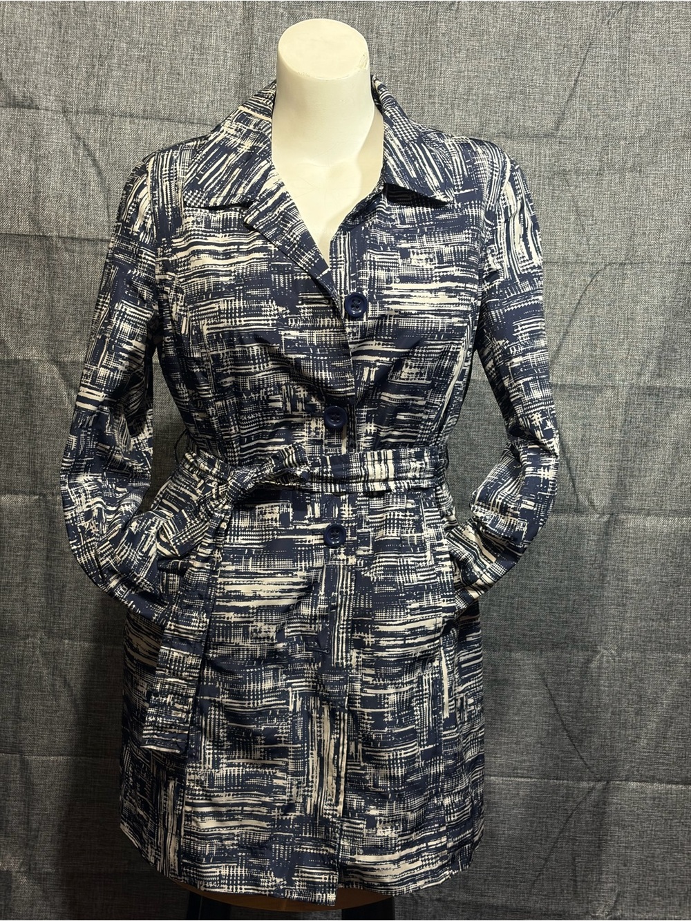 Coldwater Creek Navy and White Patterned Belted Light Coat Transitional  10-12 M
